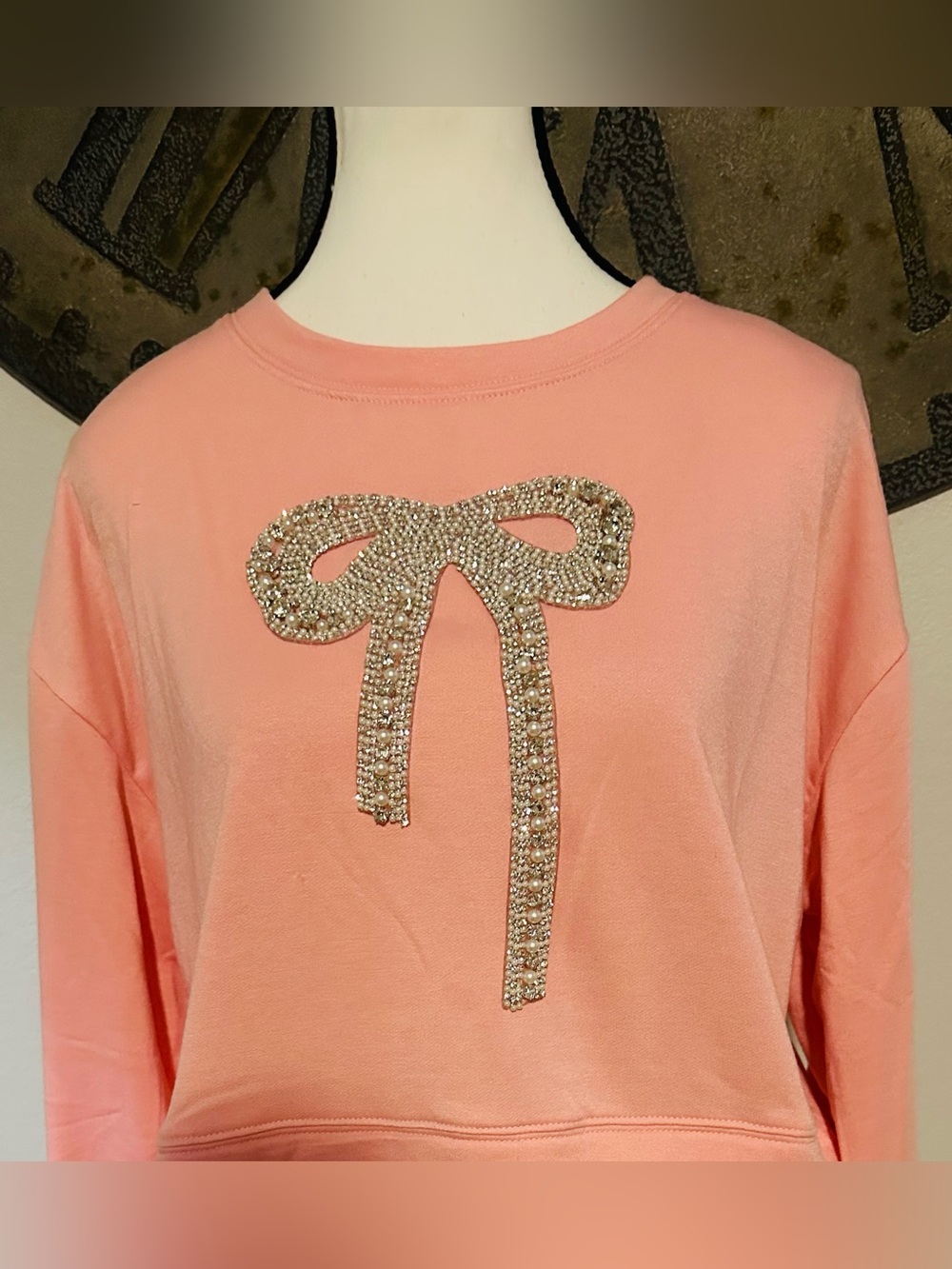 Simply Southern Pink Sweatshirt Dress with White Skirt and Rhinestone Bow Accent - Picture 2 of 3